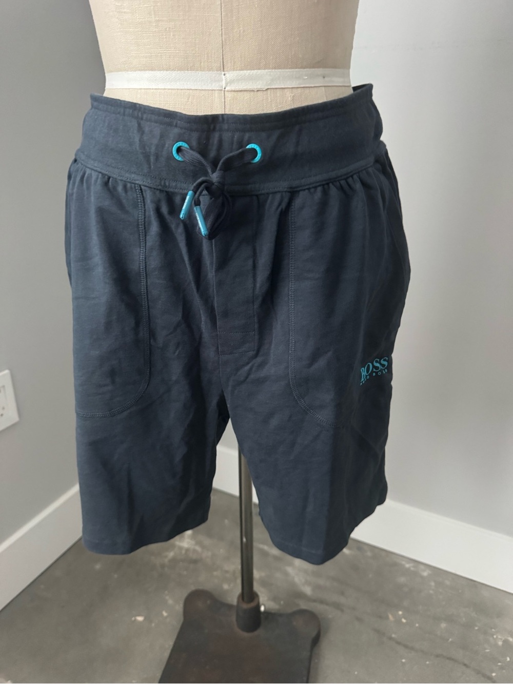 BOSS Navy lounge shorts with Aqua Drawcord